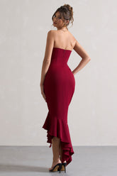 Berry Strapless Corset Asymmetric Maxi Dress